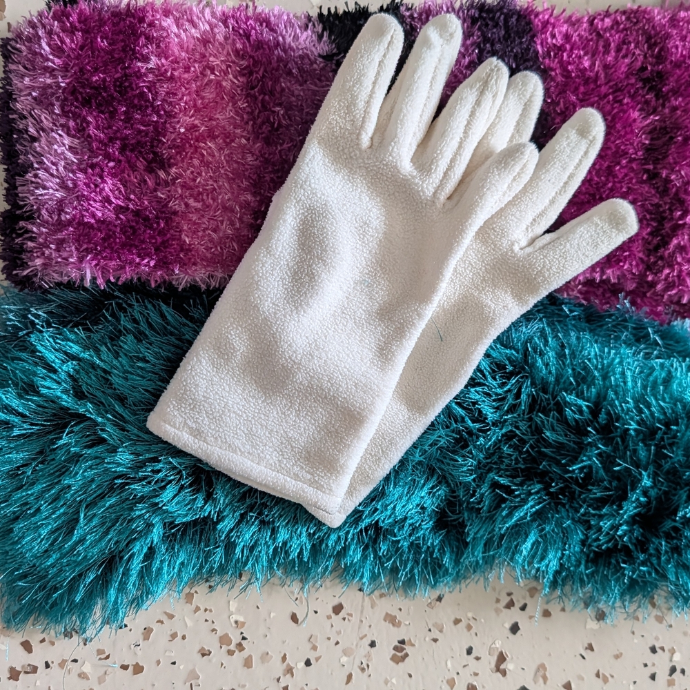 Purple and Teal Scarfs. Also Gloves